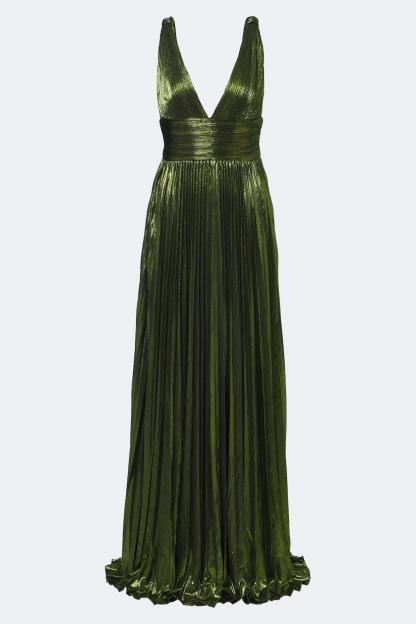 Metallic Fabric Pleated V-Neck Maxi Dress