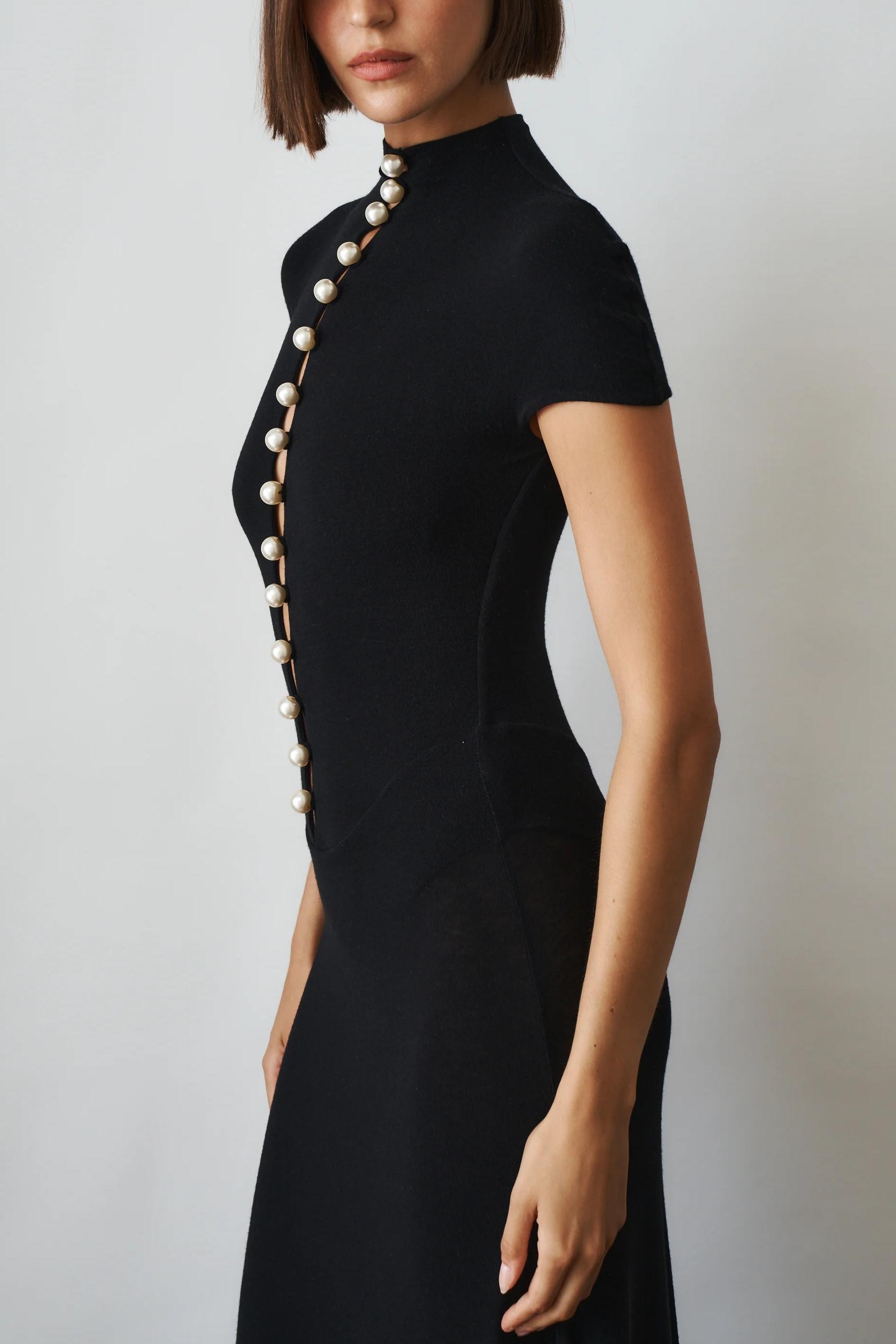 Faux Pearl Button High Neck Maxi Dress