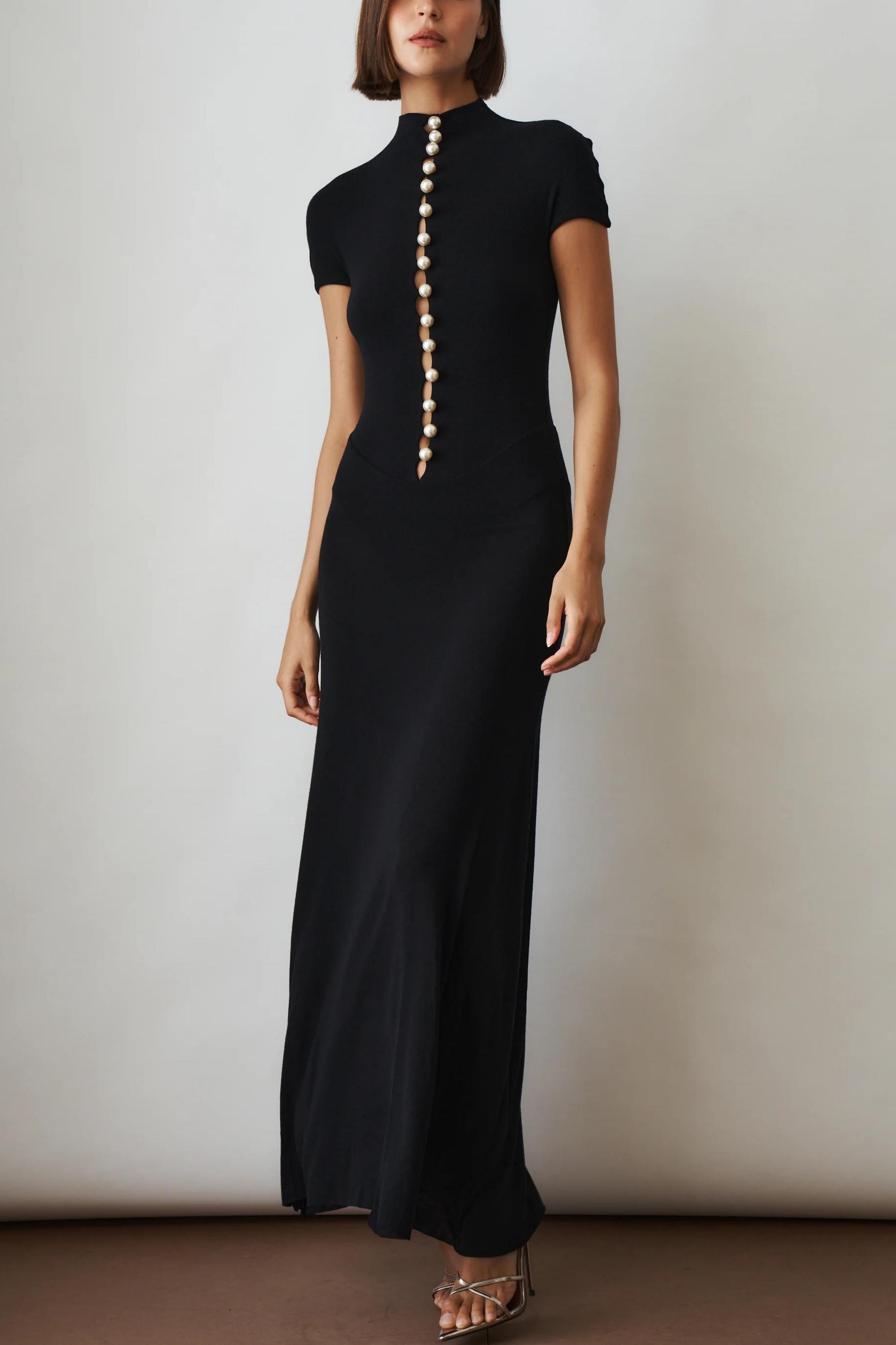 Faux Pearl Button High Neck Maxi Dress