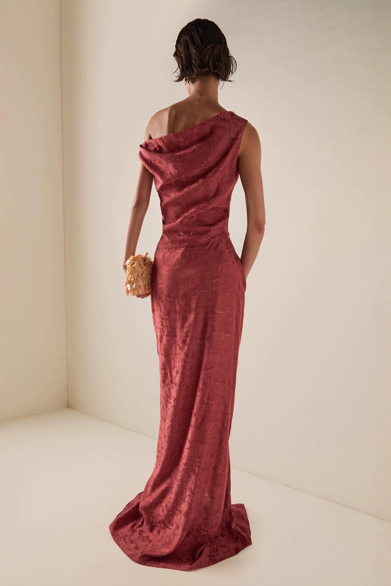 Skew Collar Knotted Gathering Maxi Dress