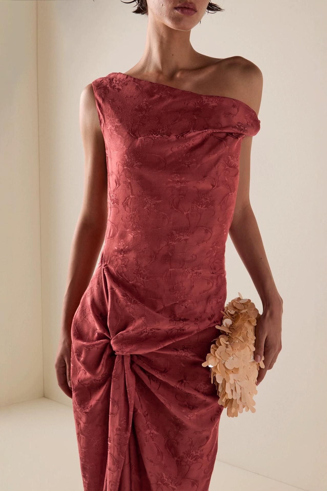 Skew Collar Knotted Gathering Maxi Dress