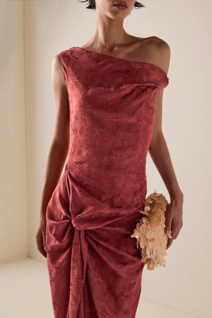 Skew Collar Knotted Gathering Maxi Dress