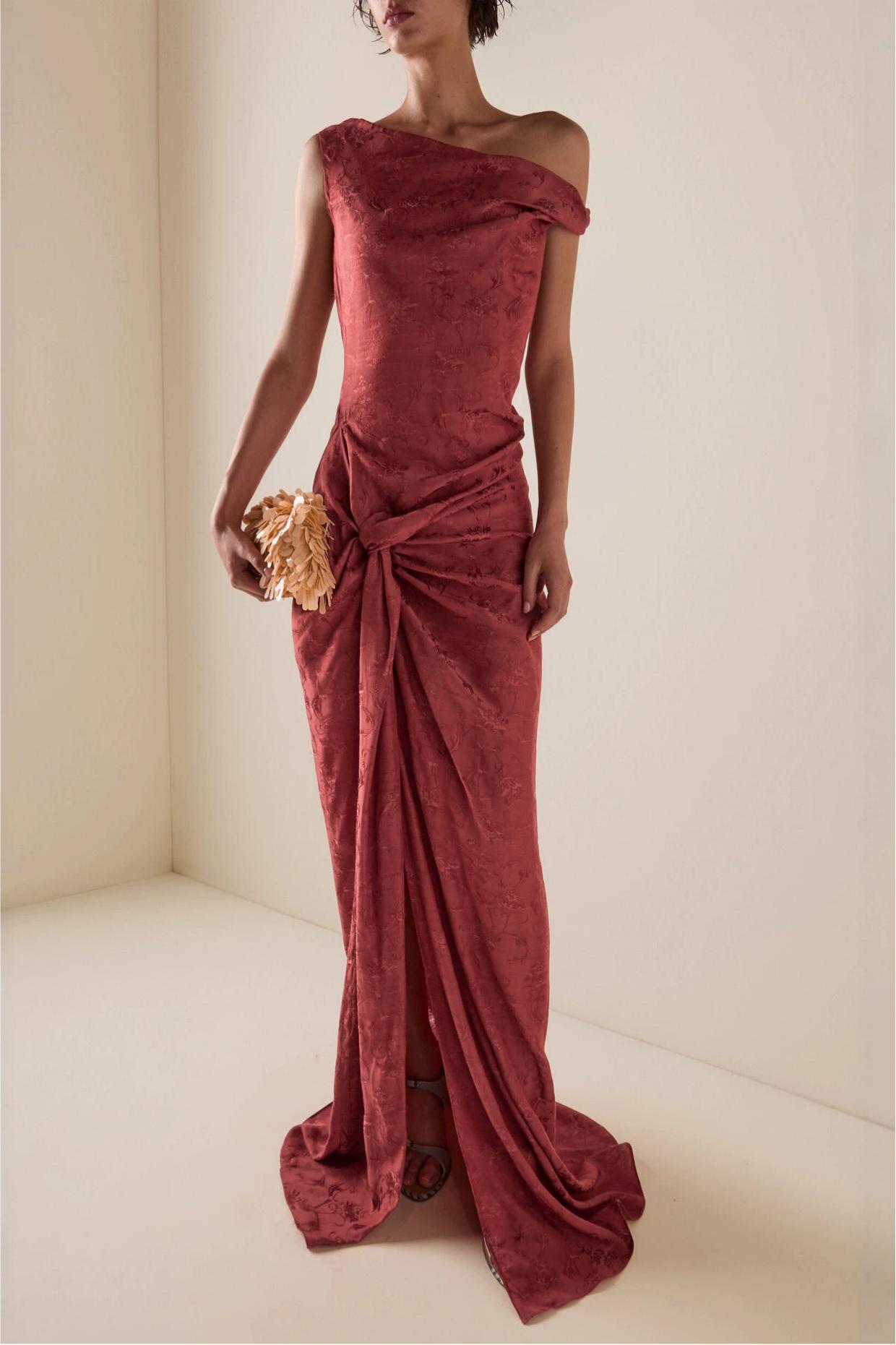 Skew Collar Knotted Gathering Maxi Dress