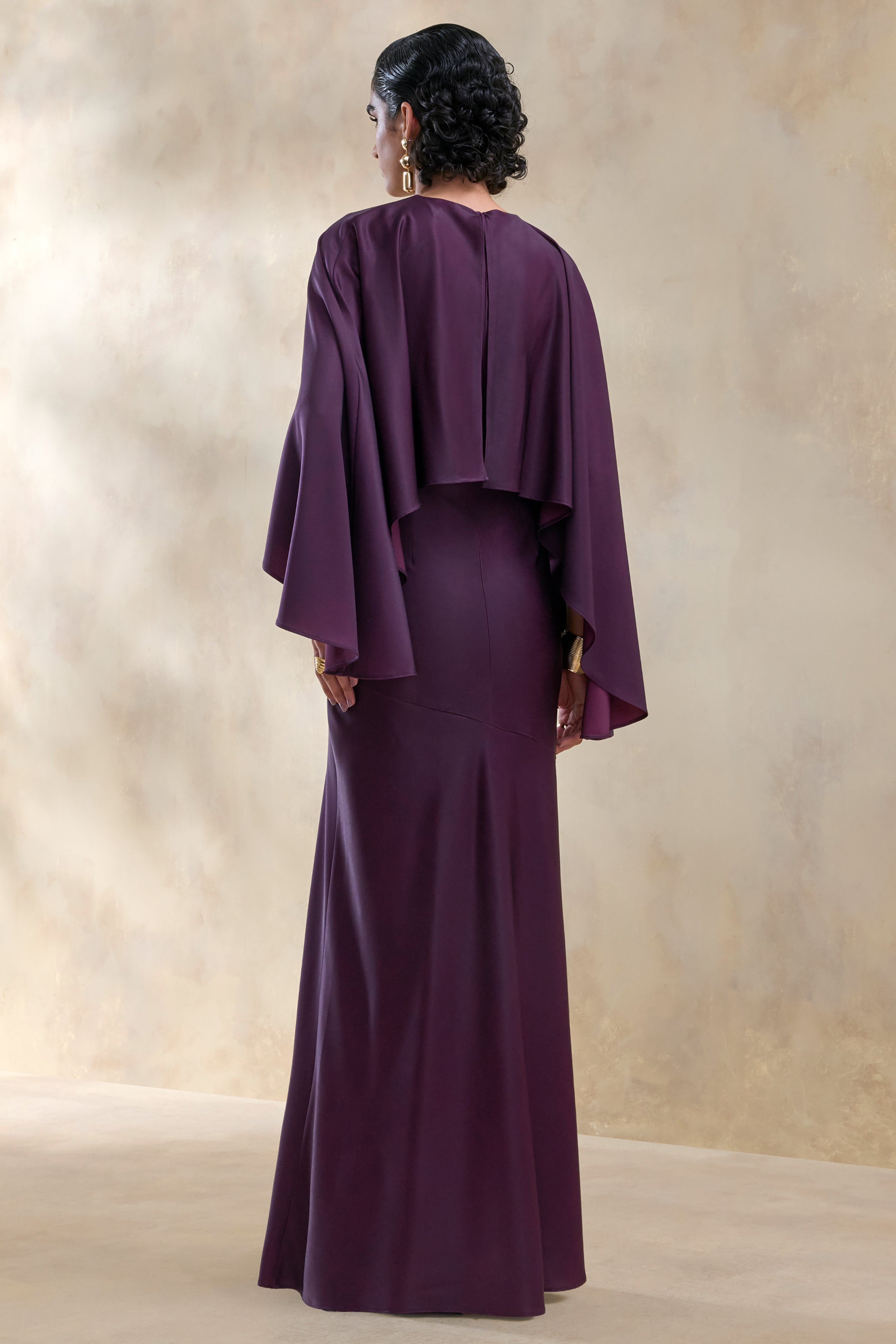 Satin Cape Round Neck Maxi Dress