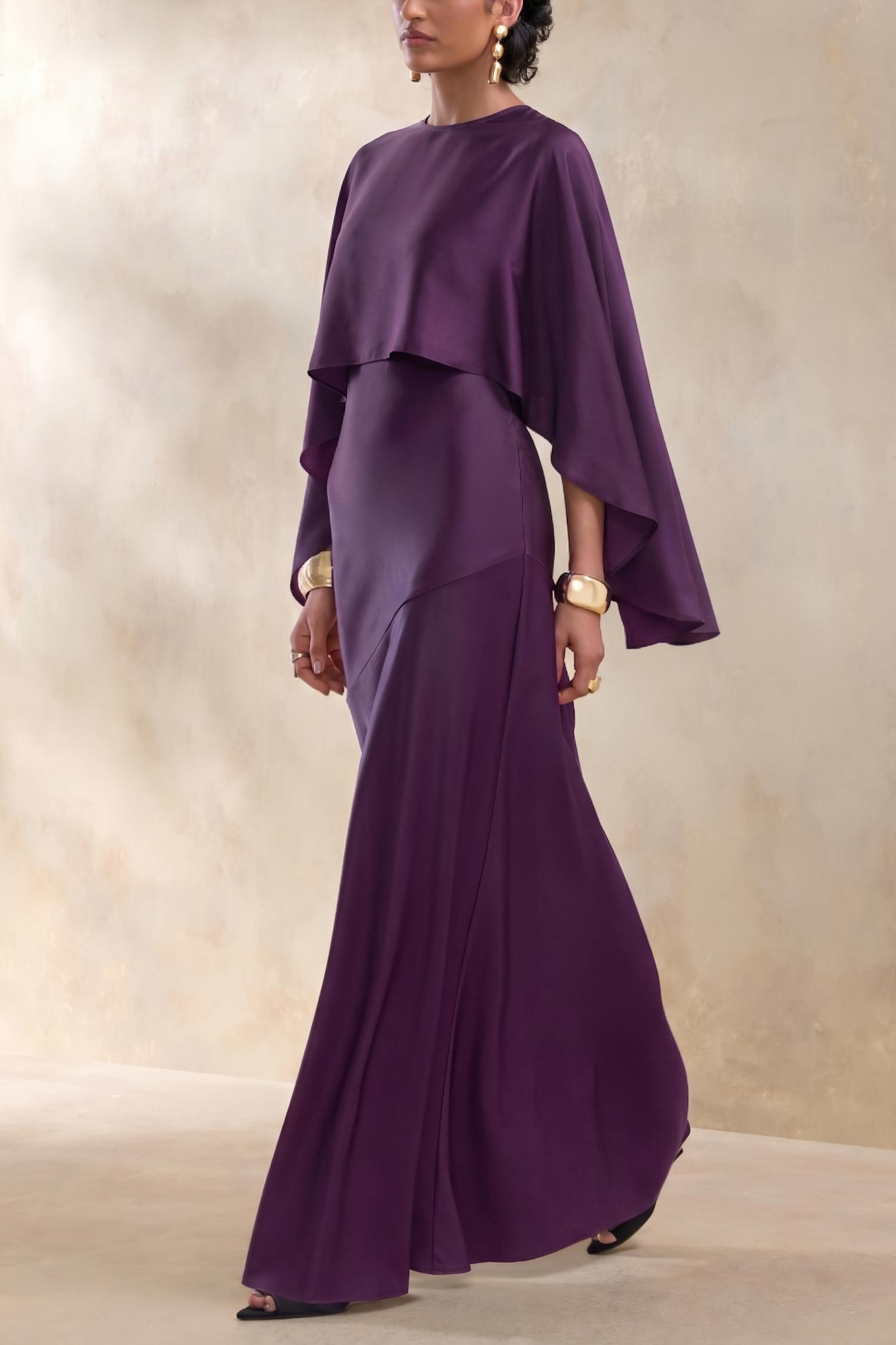 Satin Cape Round Neck Maxi Dress
