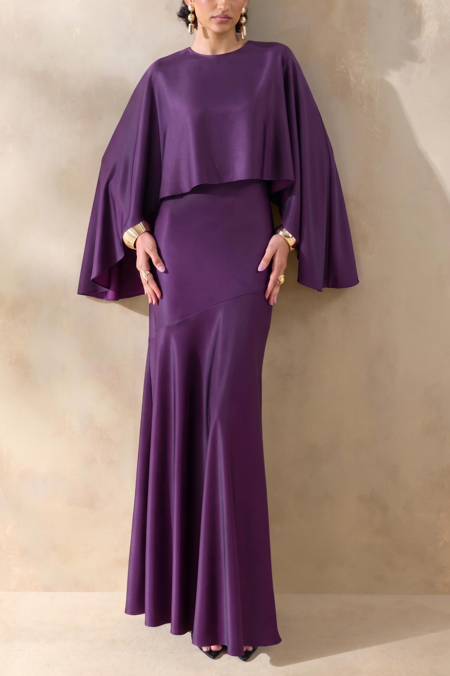 Satin Cape Round Neck Maxi Dress