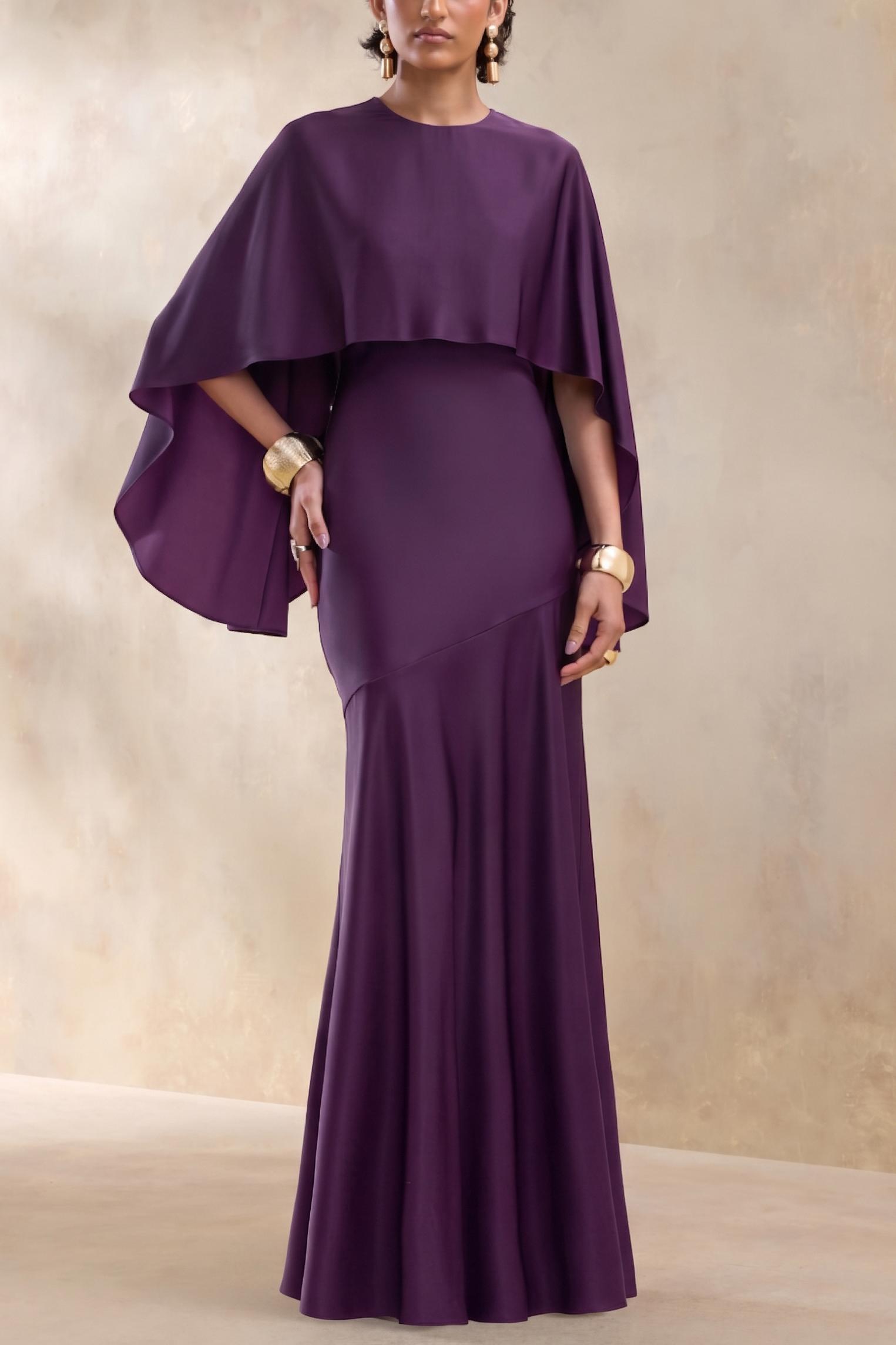 Satin Cape Round Neck Maxi Dress