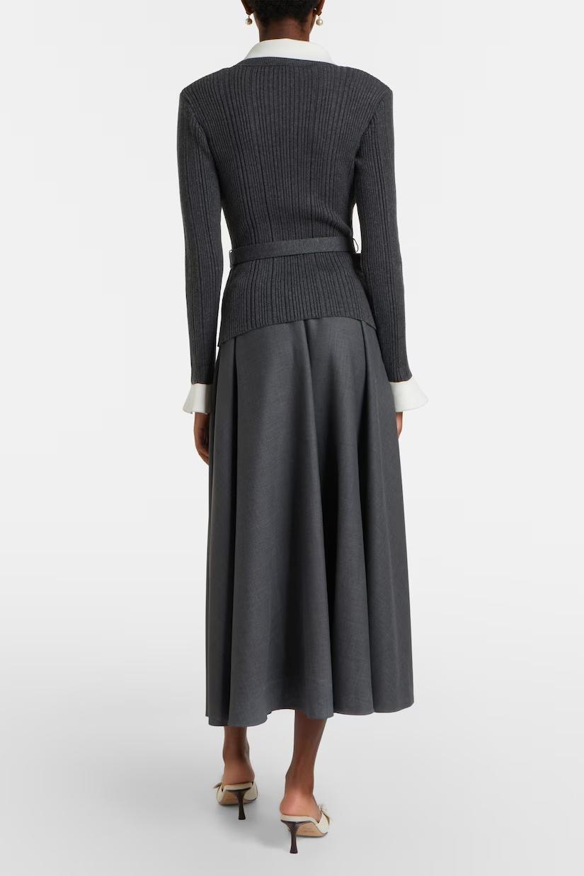 Contrast Color Flapped Cardigan & High Waist Midi Skirt Set