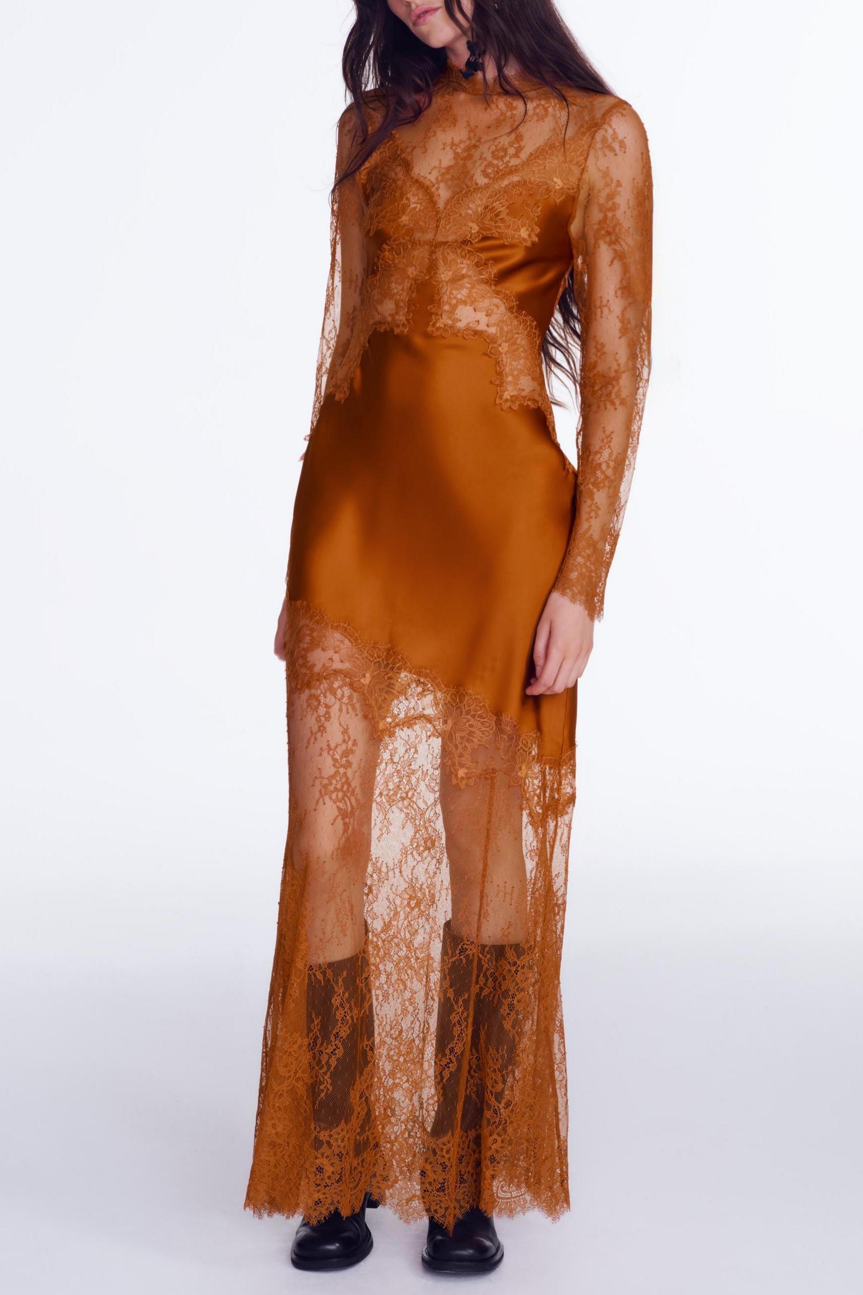 Lace Splicing Stand Collar Maxi Dress