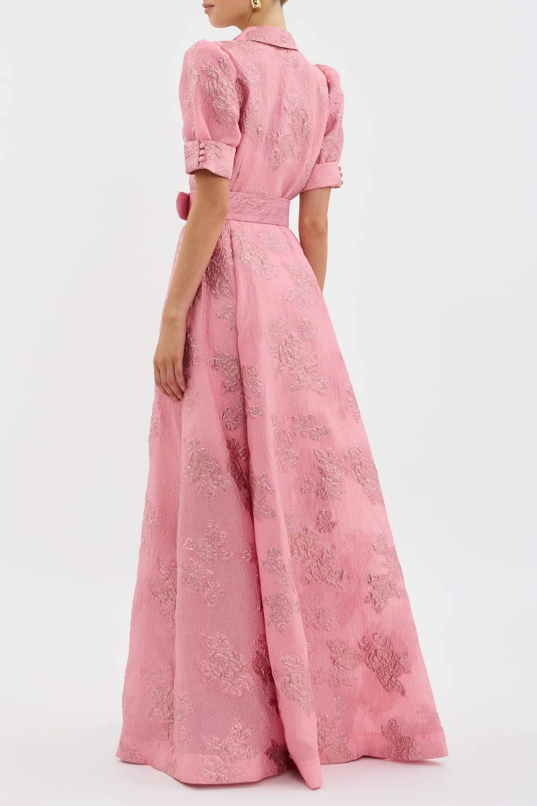 Jacquard Shirt Collar Puff Sleeve Maxi Dress With Belt