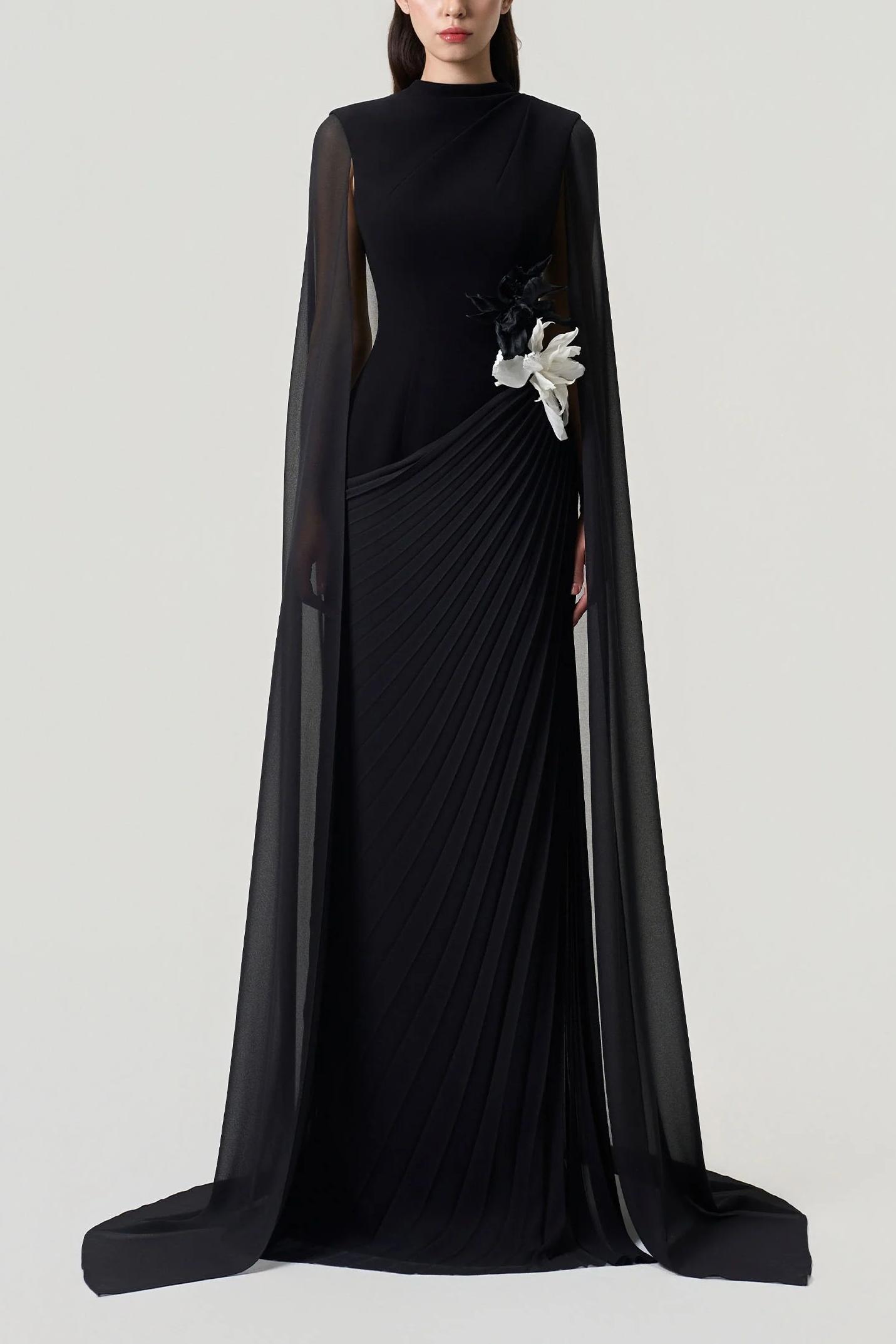 3D Flower Cape Pleated Maxi Dress