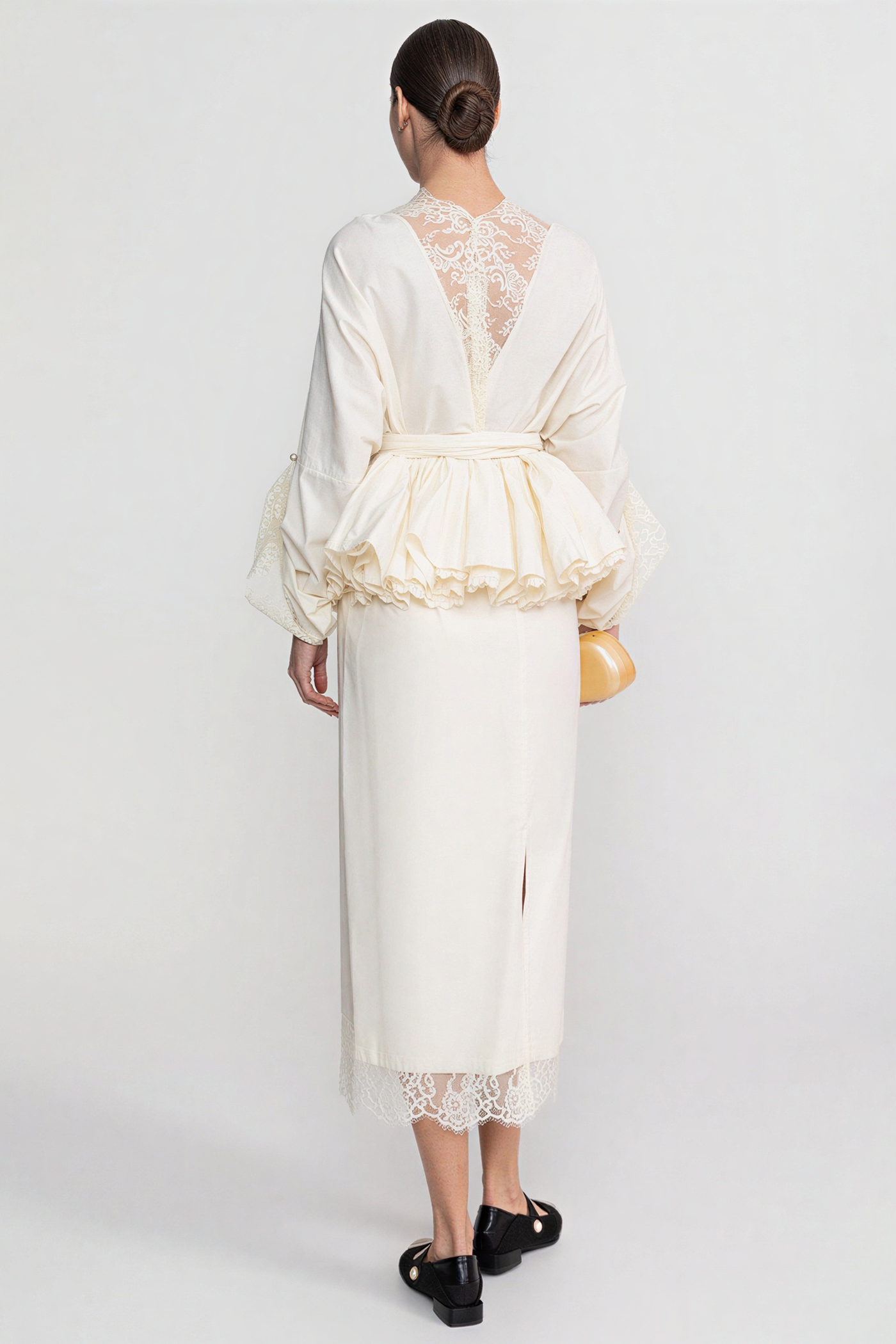 Lace V-Neck Ruffle Top & High Waist Midi Skirt Set With Belt