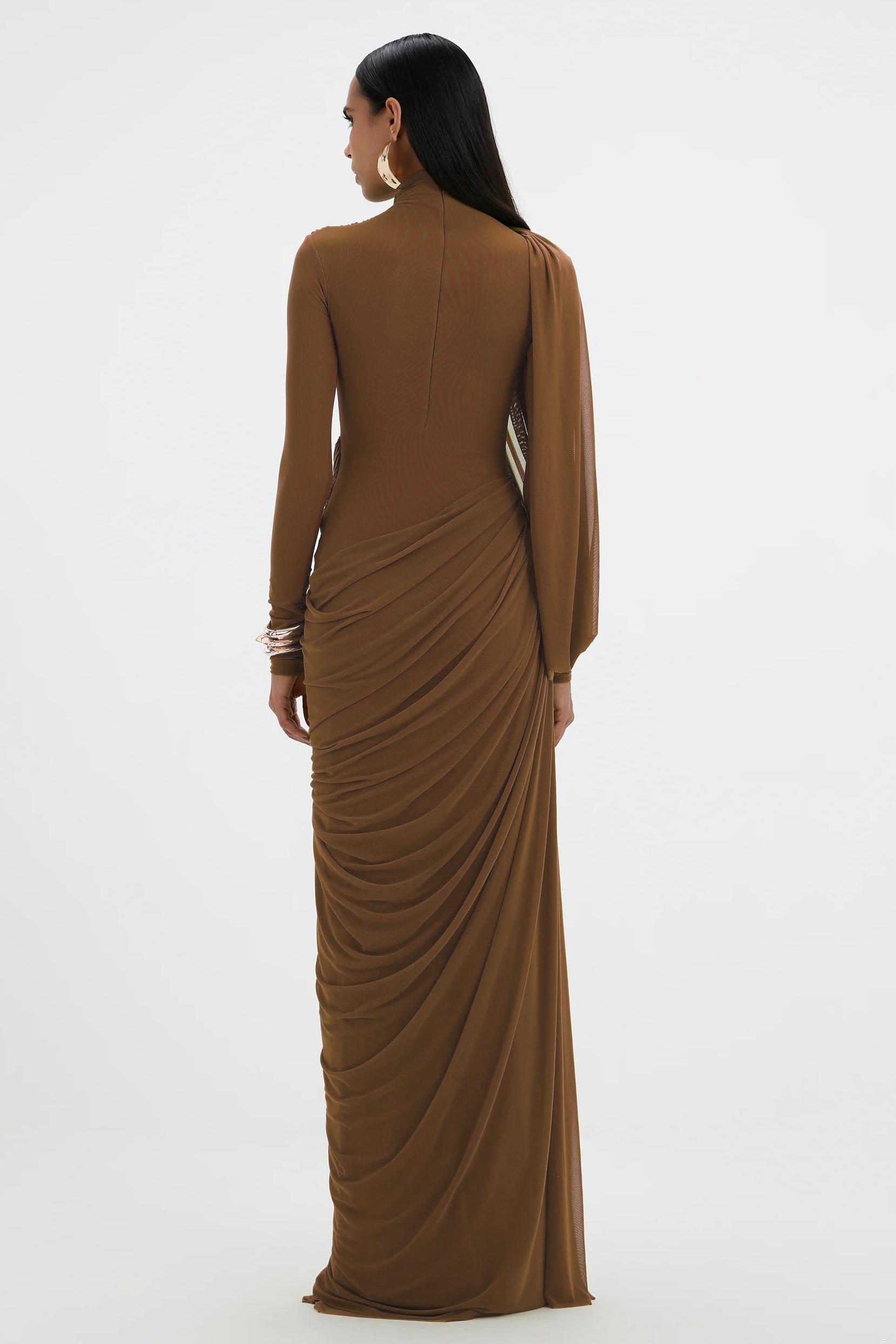Mesh Gathering Long Sleeve Maxi Dress