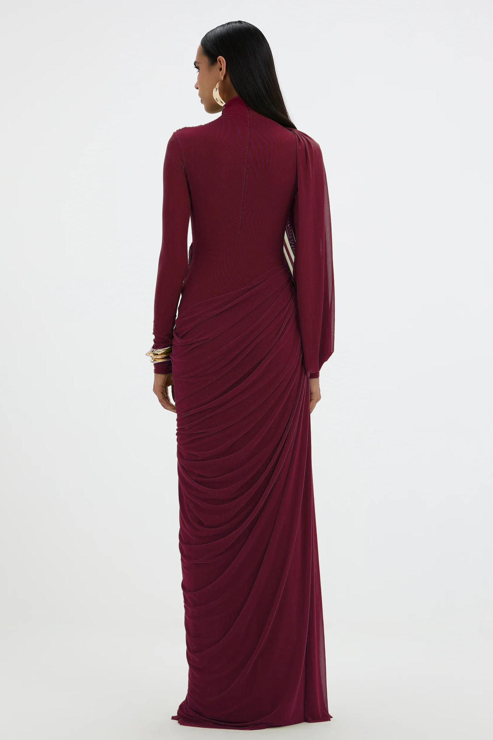 Mesh Gathering Long Sleeve Maxi Dress