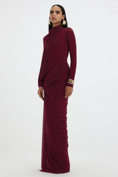Mesh Gathering Long Sleeve Maxi Dress