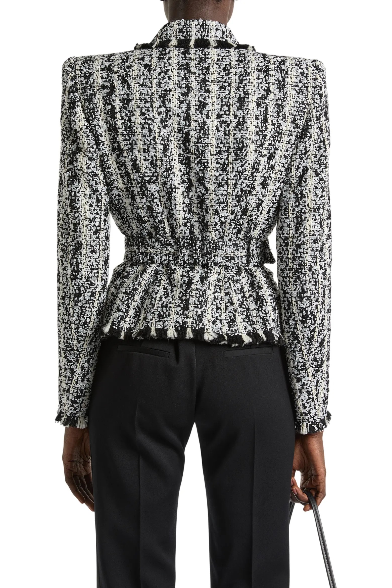 Contrast Color Fringe Tweed Belted Jacket