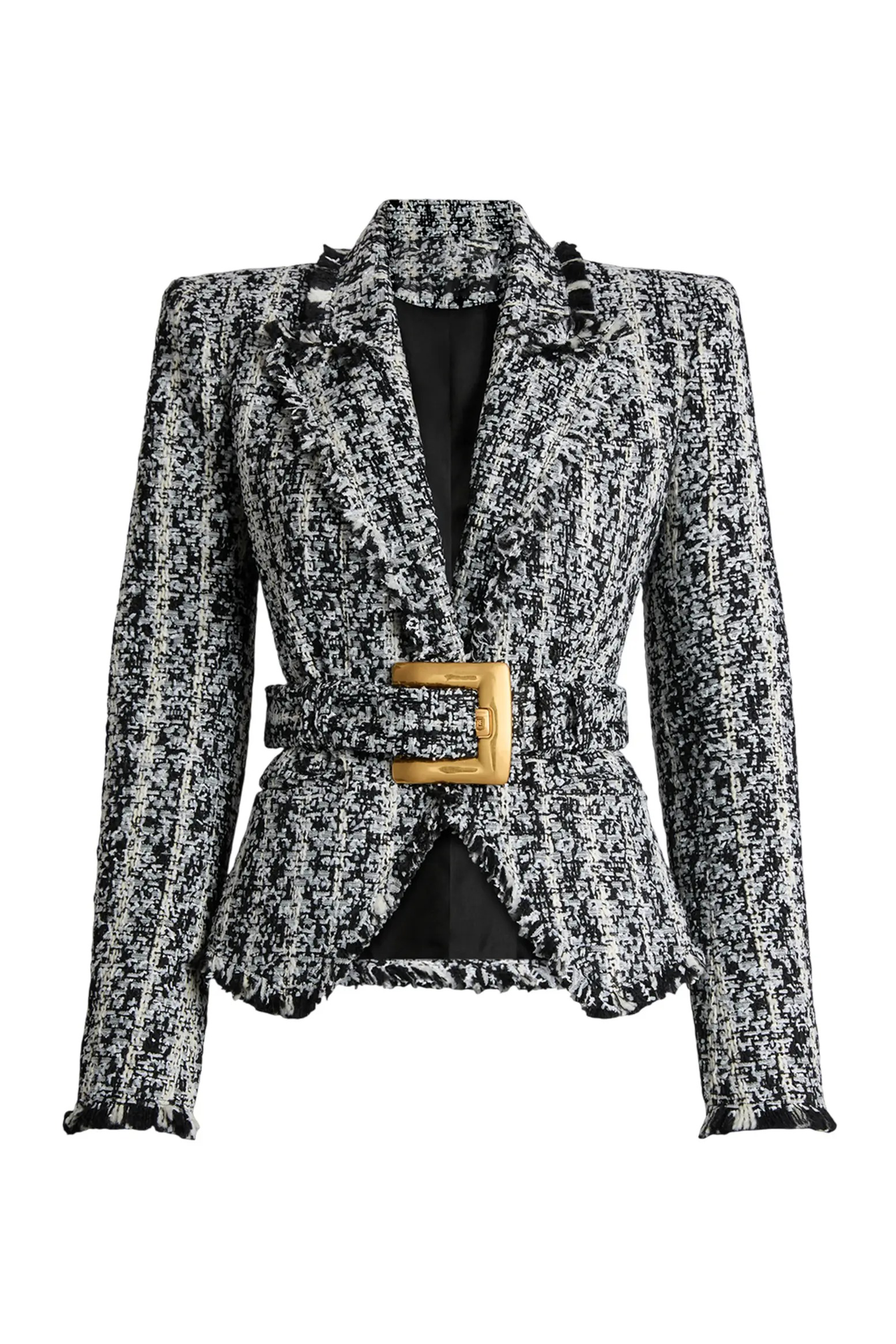 Contrast Color Fringe Tweed Belted Jacket