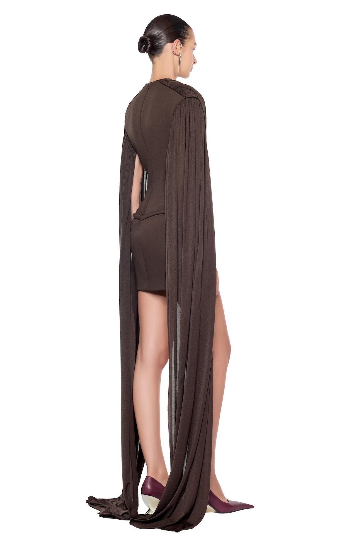 Gathering Metal Decorations Cape Sleeve Mini Dress