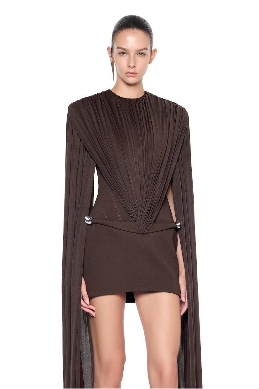 Gathering Metal Decorations Cape Sleeve Mini Dress