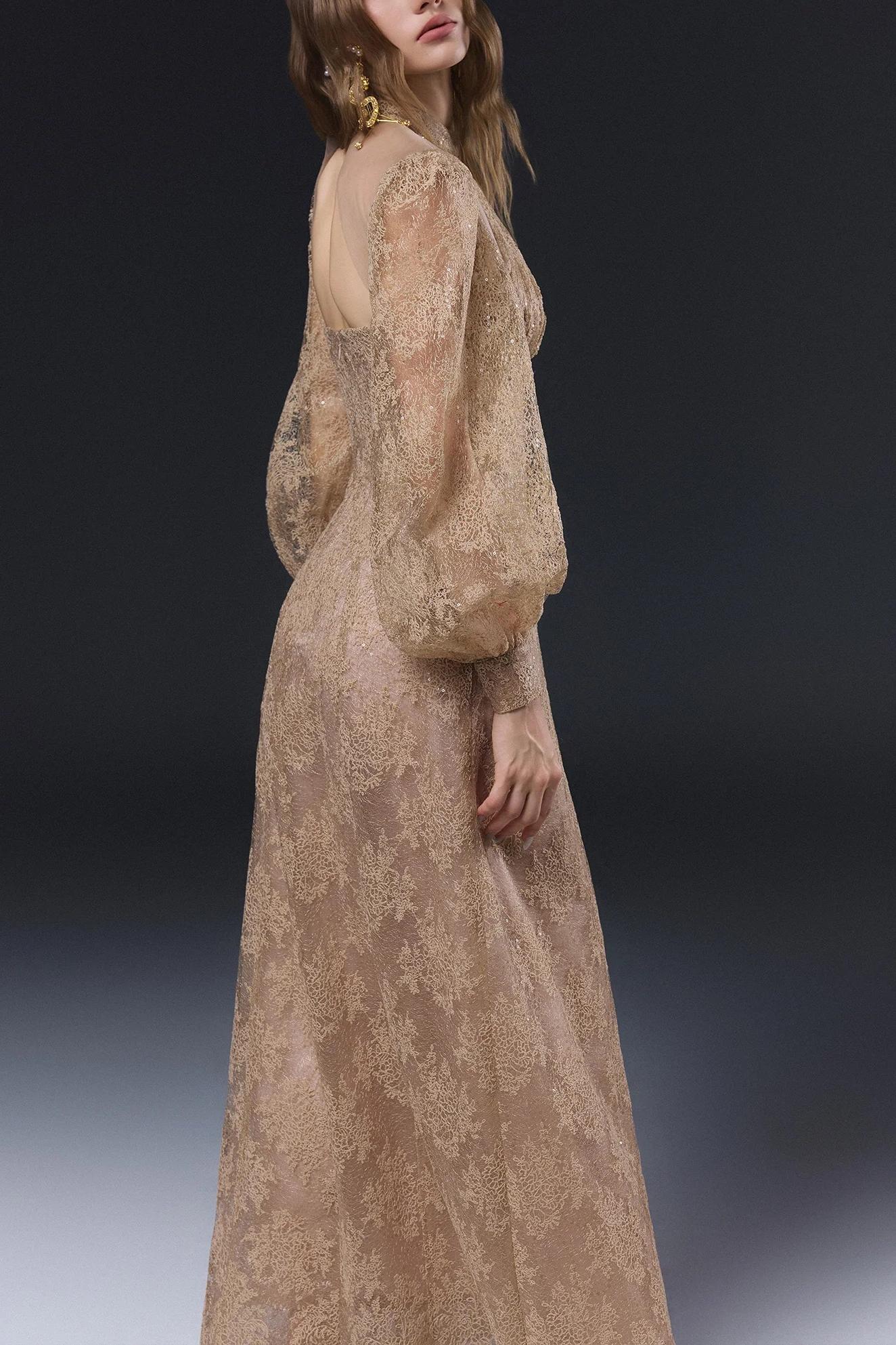 Lace Gathering Lantern Sleeve Maxi Dress
