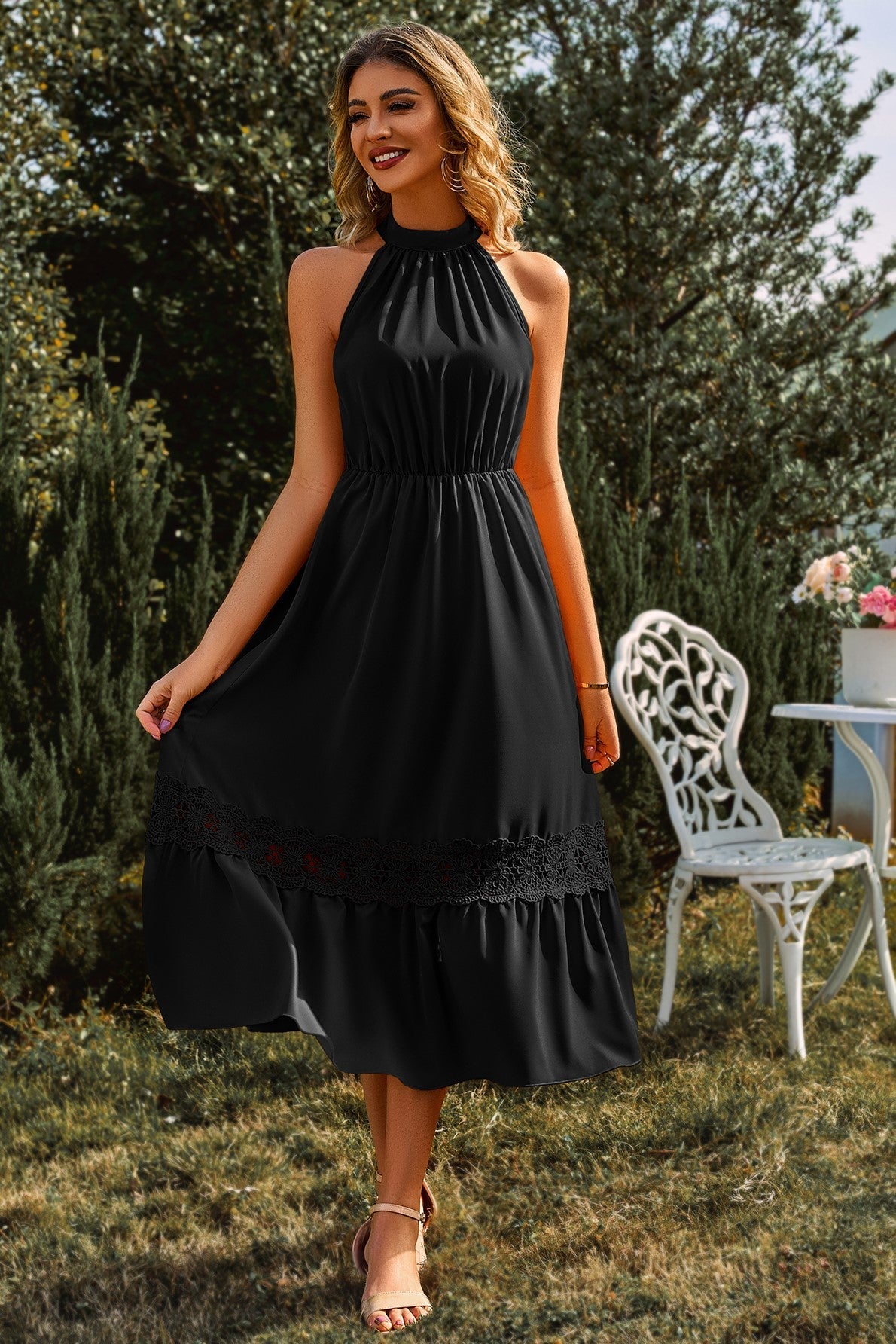 Black Halter Tea Length Dress