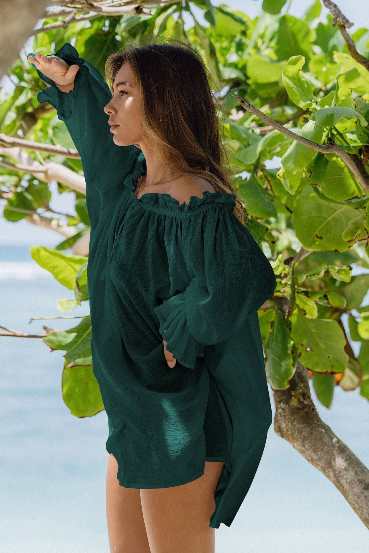 Off Shoulder Lace Up Puff Sleeve Ruched Mini Dress