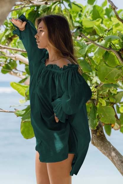 Off Shoulder Lace Up Puff Sleeve Ruched Mini Dress