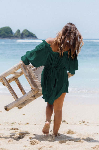 Off Shoulder Lace Up Puff Sleeve Ruched Mini Dress