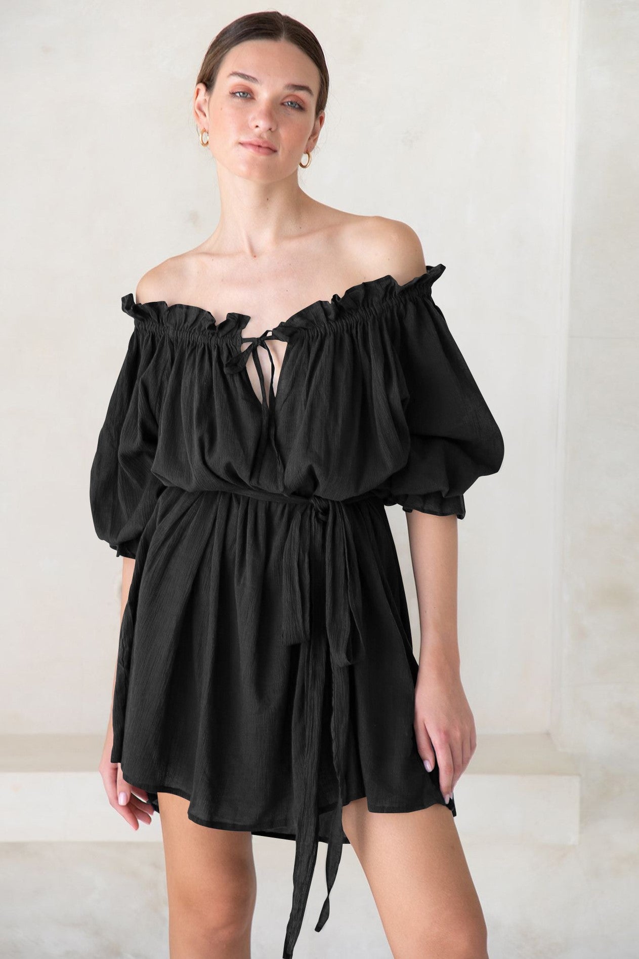 Off Shoulder Lace Up Puff Sleeve Ruched Mini Dress