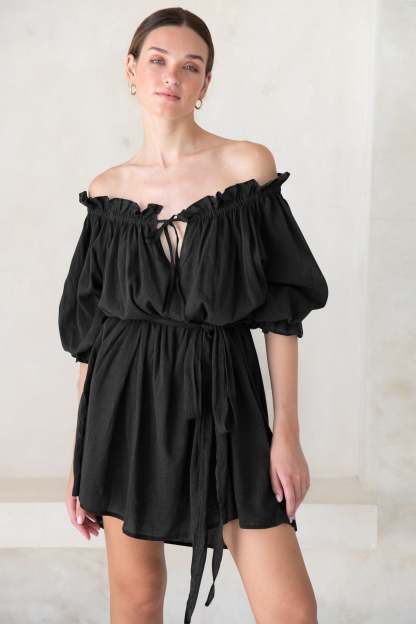 Off Shoulder Lace Up Puff Sleeve Ruched Mini Dress