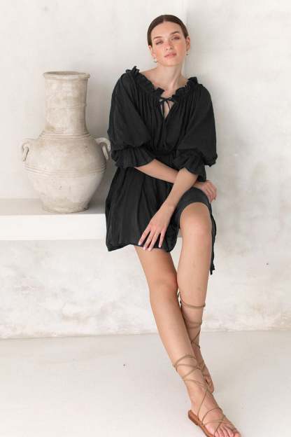 Off Shoulder Lace Up Puff Sleeve Ruched Mini Dress