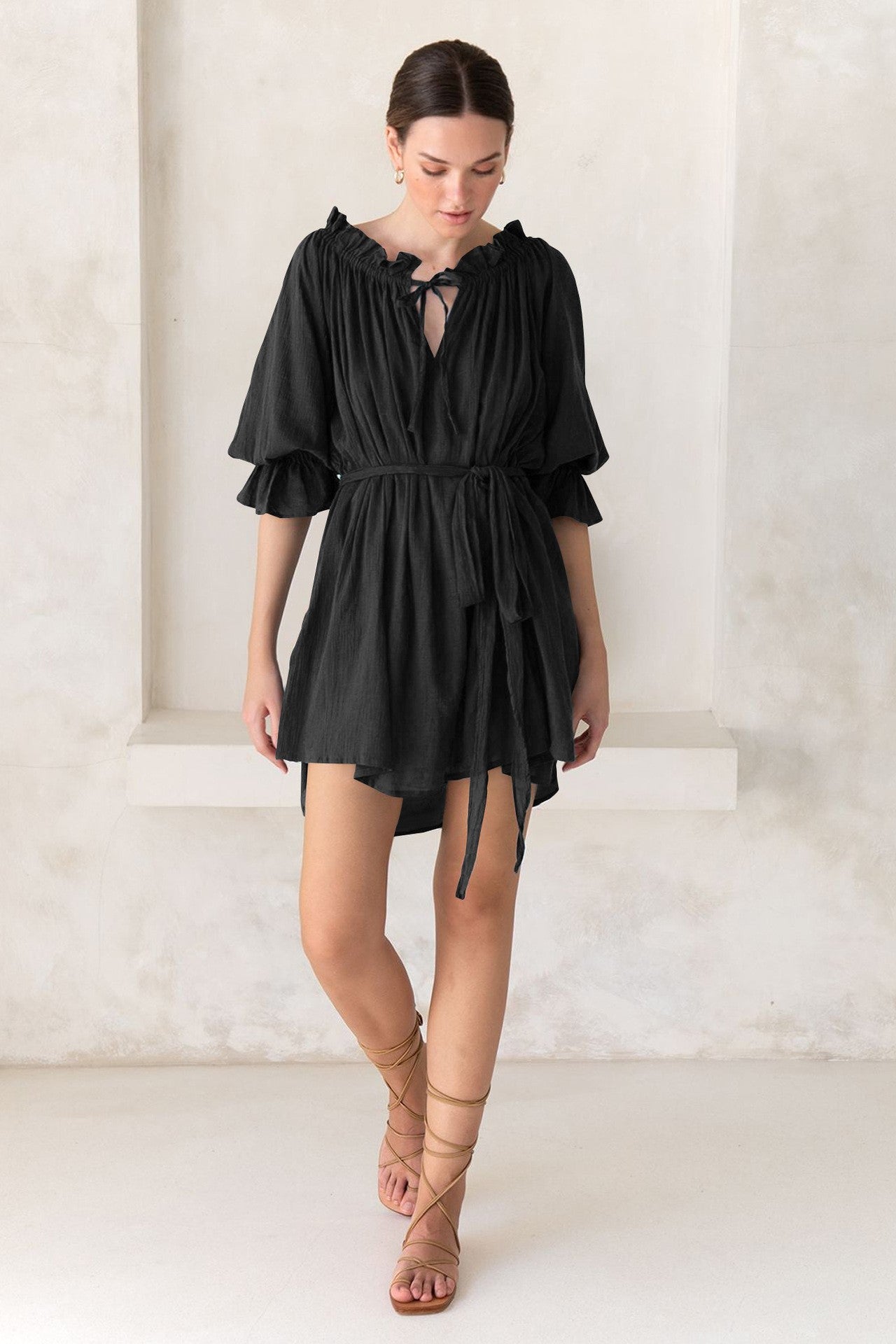 Off-Shoulder Lace Up Puff Sleeve Ruched Mini Dress – JardinVue