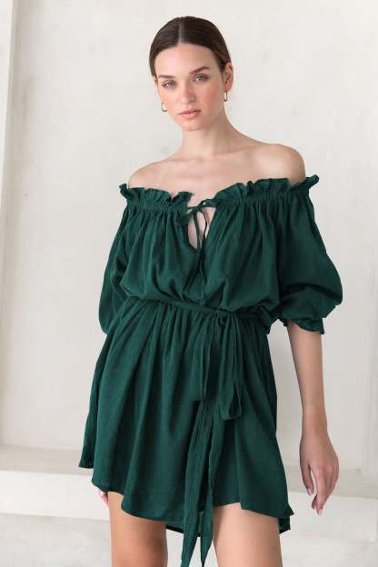 Off Shoulder Lace Up Puff Sleeve Ruched Mini Dress