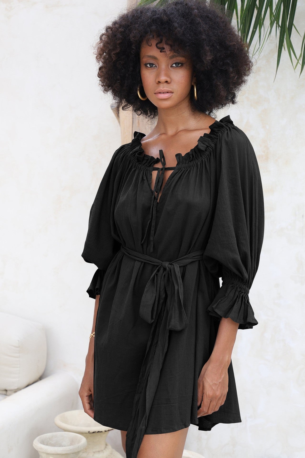 Off Shoulder Lace Up Puff Sleeve Ruched Mini Dress