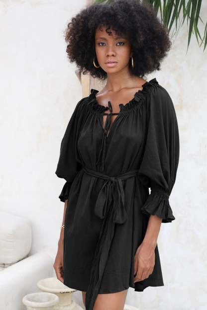 Off Shoulder Lace Up Puff Sleeve Ruched Mini Dress