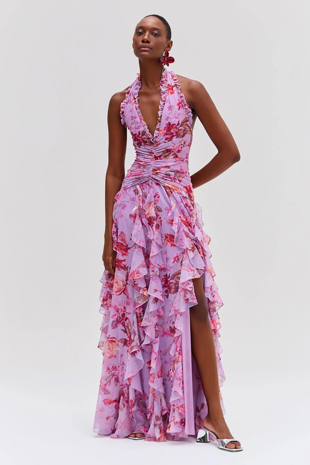 Floral Halter Neck  Ruffle Maxi Dress