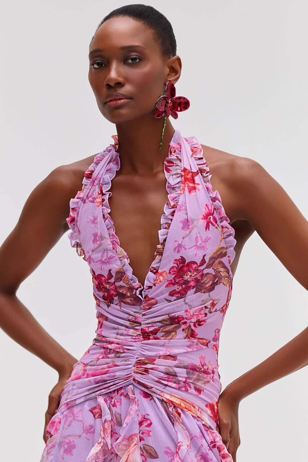 Floral Halter Neck  Ruffle Maxi Dress