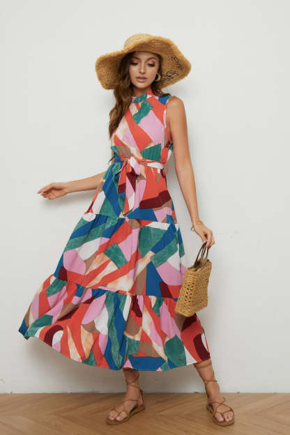Printed Crew Collar Lace Up Midi Dress