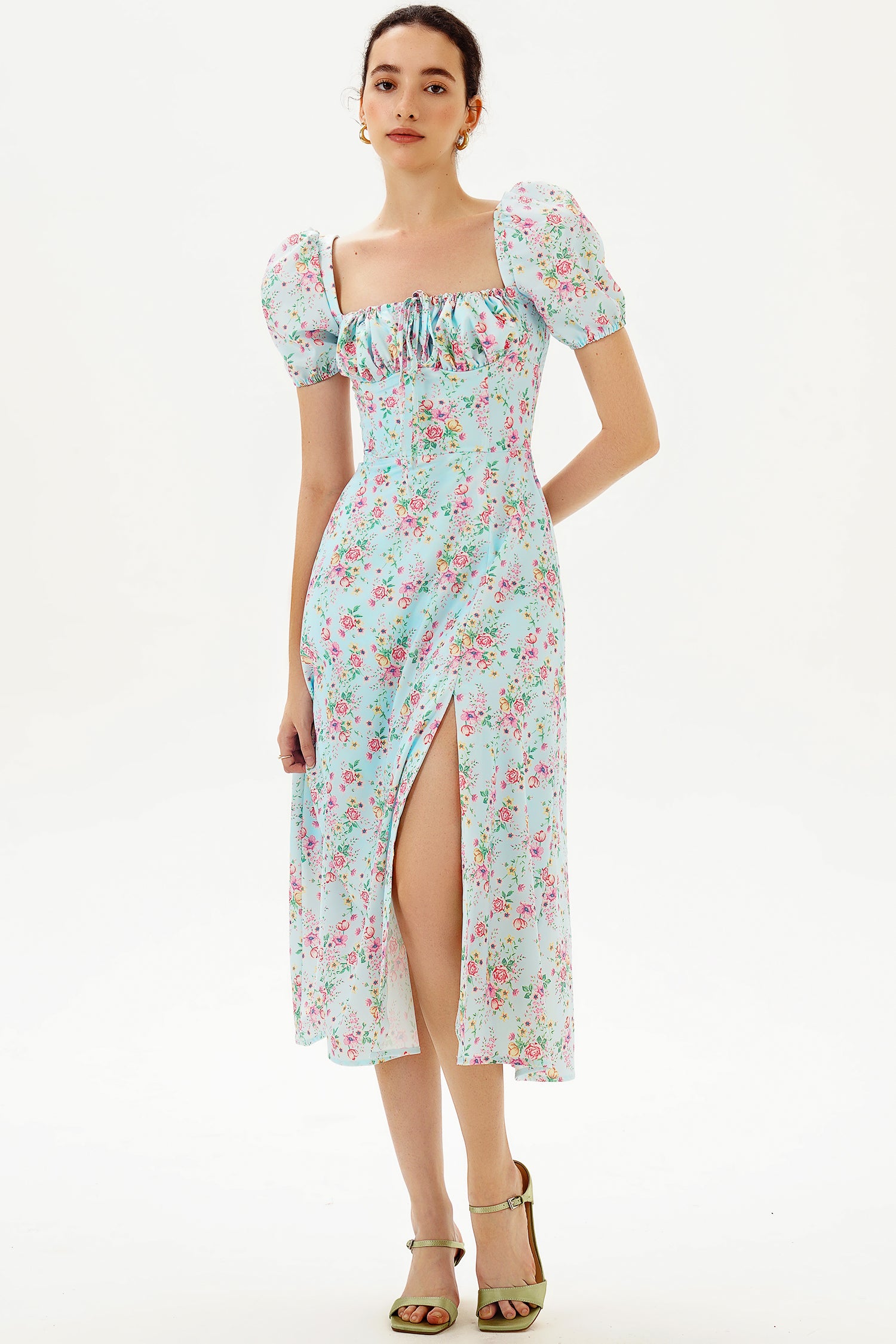 Puff Sleeve Slit Print Midi Dress Blue