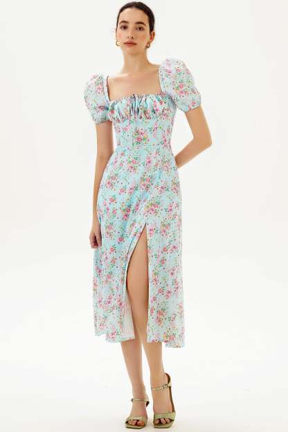Puff Sleeve Slit Print Midi Dress Blue
