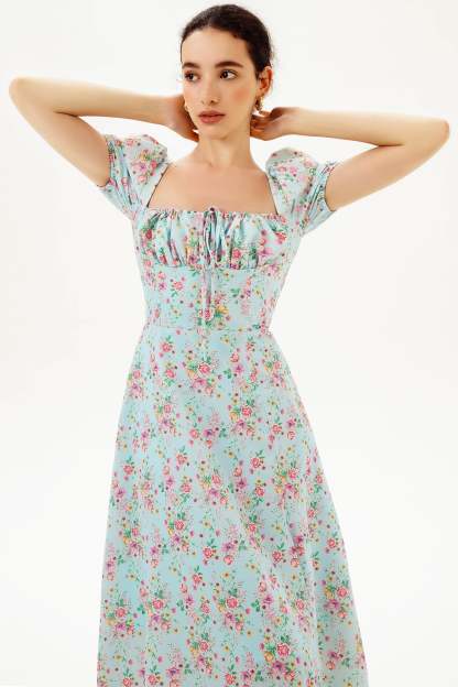 Puff Sleeve Slit Print Midi Dress Blue