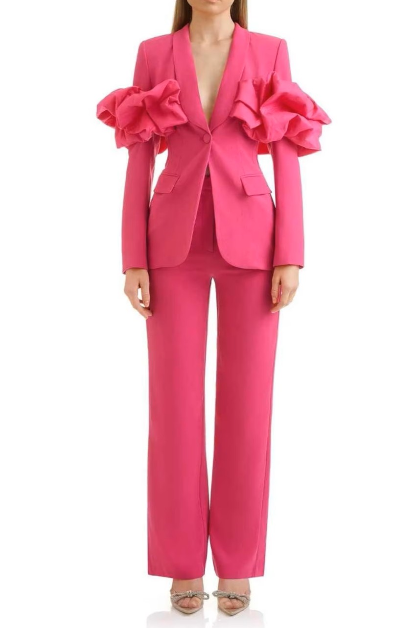 Solid Ruffle V-Neck Top & Mid Waist Pants Set