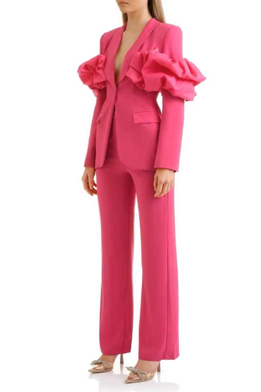 Solid Ruffle V-Neck Top & Mid Waist Pants Set