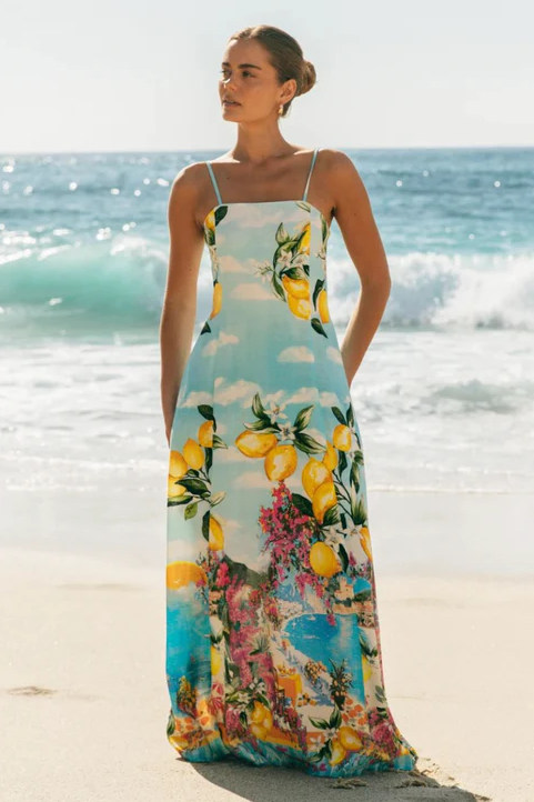 Fruit Print Lace-Up Slip Maxi Dress