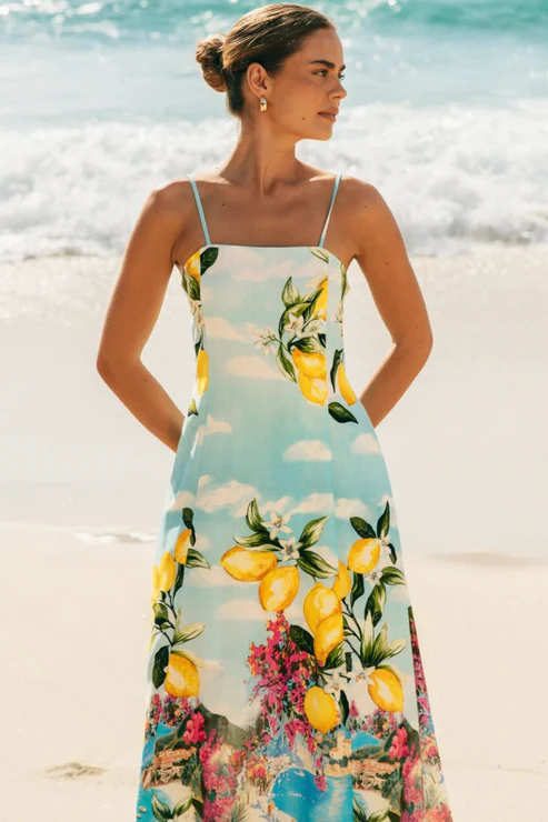Fruit Print Lace-Up Slip Maxi Dress