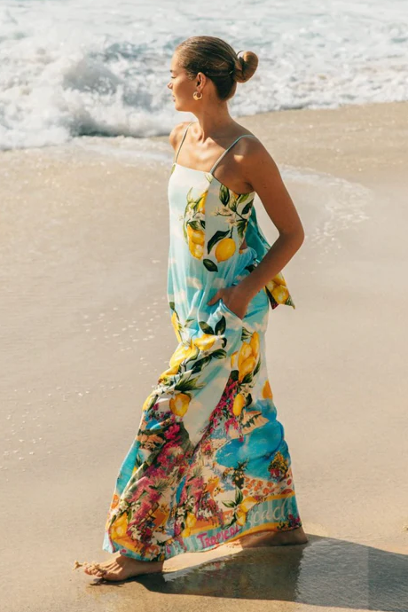 Fruit Print Lace-Up Slip Maxi Dress