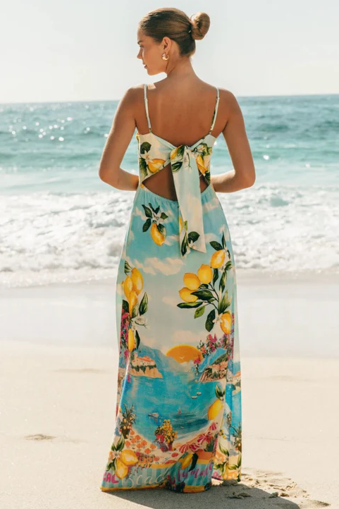 Fruit Print Lace-Up Slip Maxi Dress