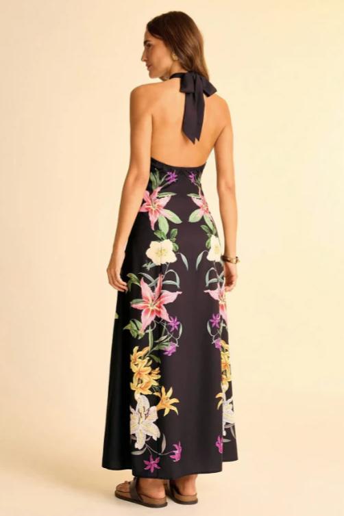 Floral Halter Neck Backless Midi Dress