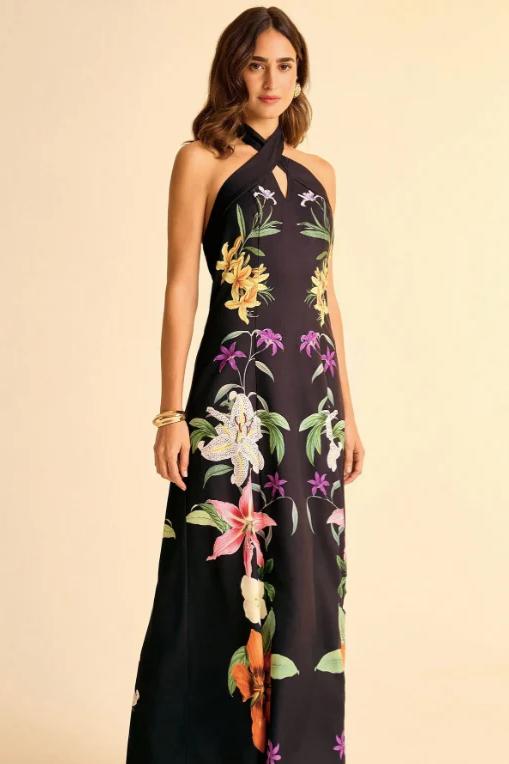 Floral Halter Neck Backless Midi Dress