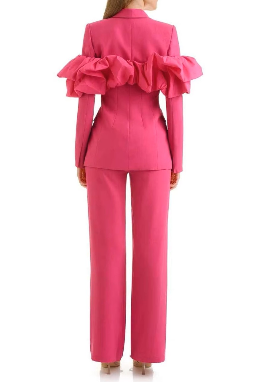 Solid Ruffle V-Neck Top & Mid Waist Pants Set